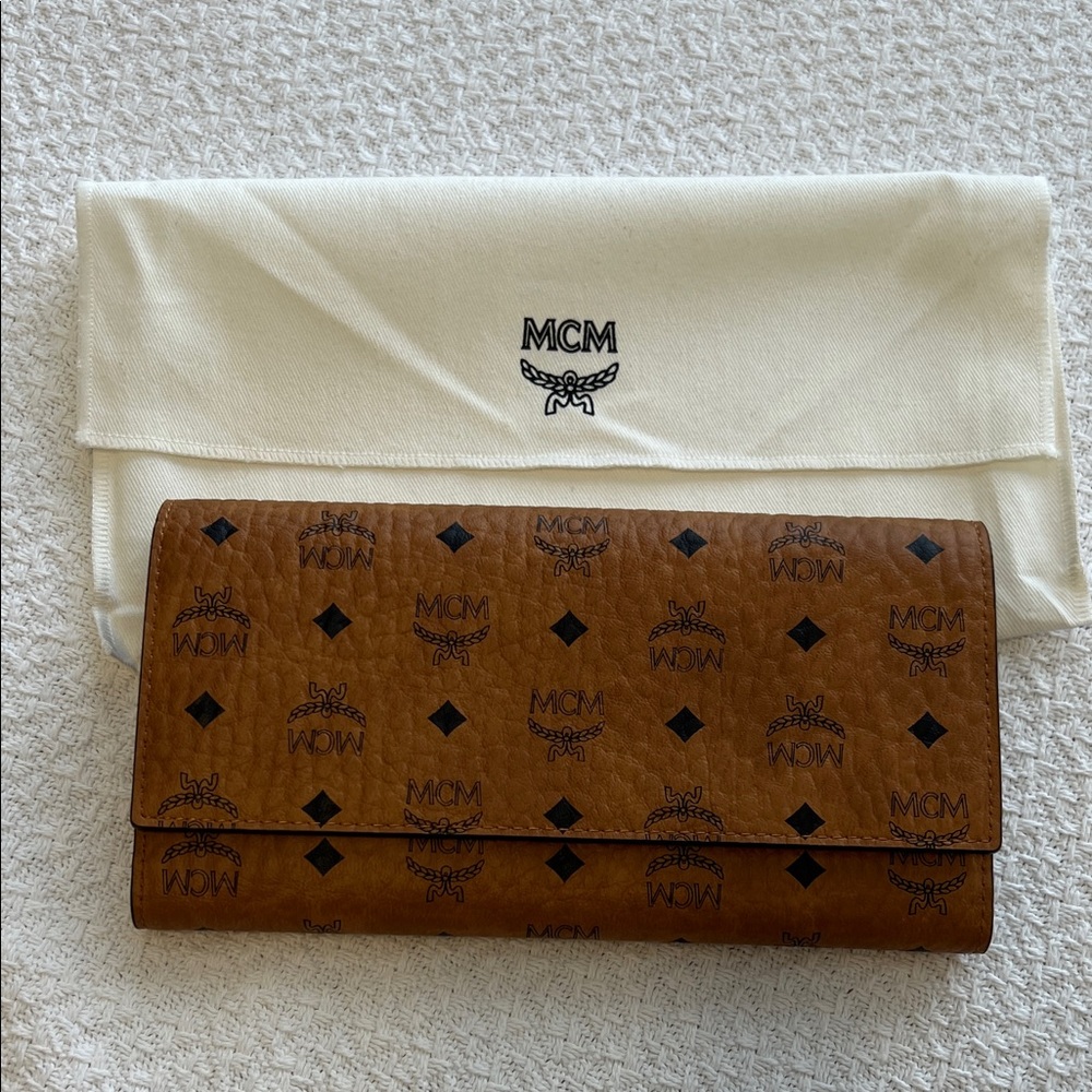 MCM Cognac Leather Clutch with Black Logo